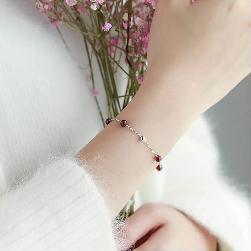 

Gemei 2018 New Natural Stone Garnet Beads Charm Bracelets For Women 100% 925 Sterling Silver Party Gift Fine Europe Jewelry