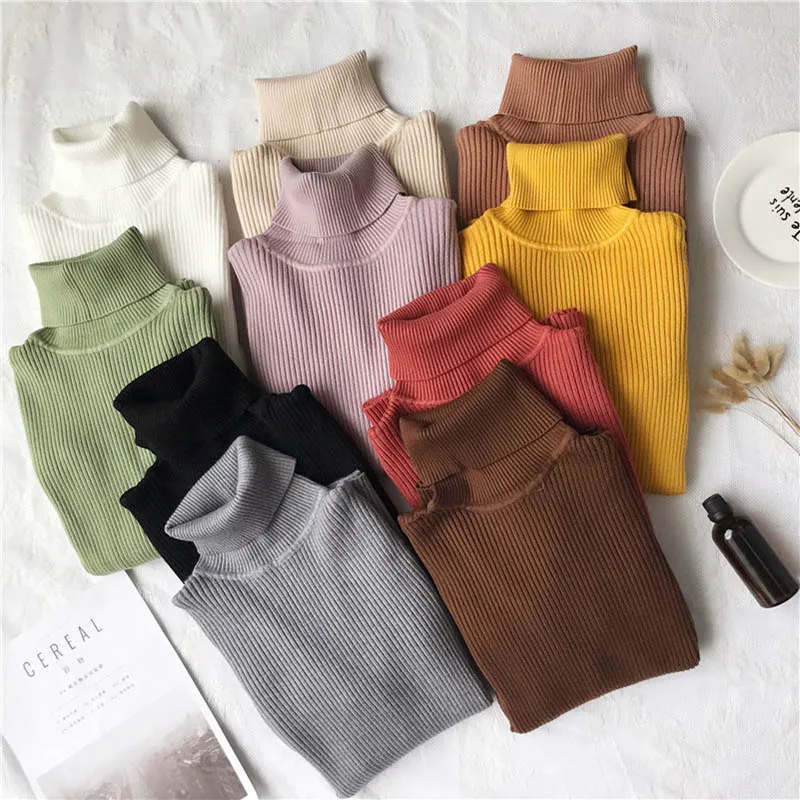 

OLN Women's Sweater Vertical Striped Sweater High Collar Pure Color Bottoming Shirt Multi-color Soft Comfortable Pullover 3072
