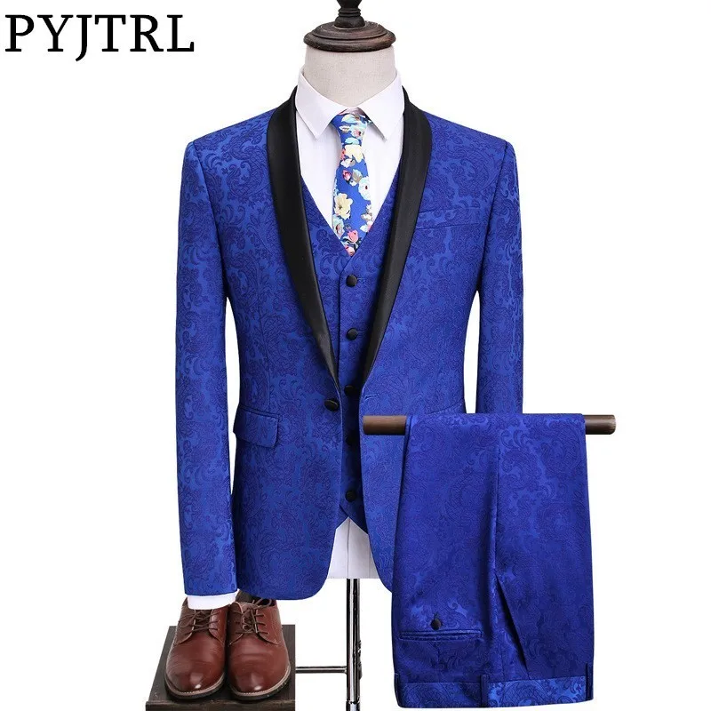 

PYJTRL Mens Classic Shawl Lapel Royal Blue Jacquard Three-piece Set Suits Wedding Groom Prom Dress Suits Suit Slim Fit Tuxedo