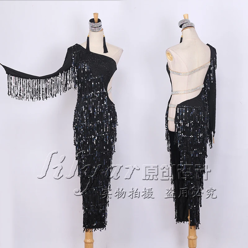 

Latin dance competition suit performance suit black sequin tassel sexy slim slim dress