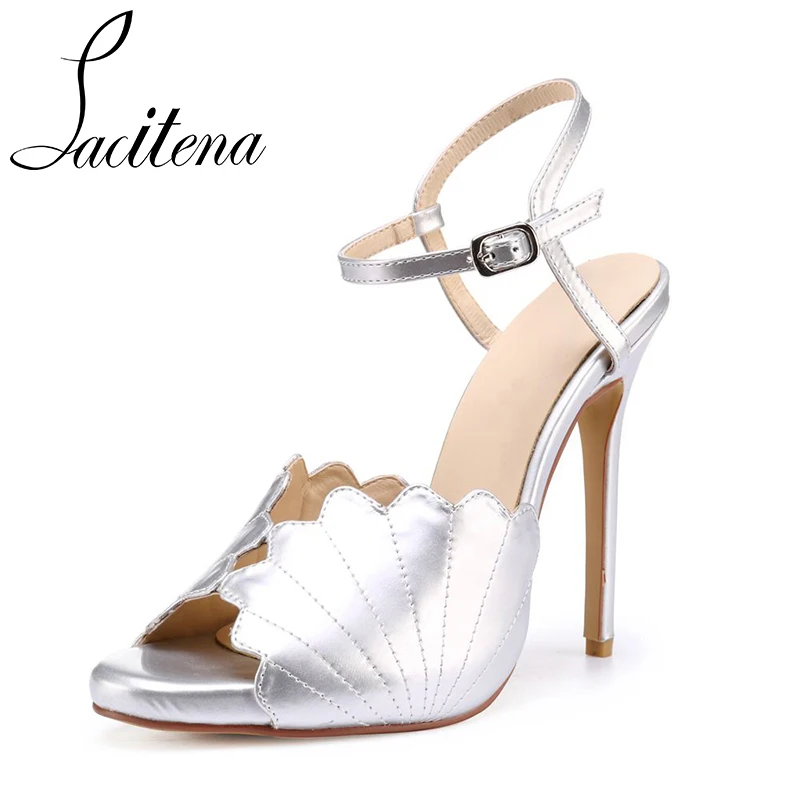 

Women Sliver Shell Pearl Dinning Dress Sandals Shoes Women Peep-Toe Shoes