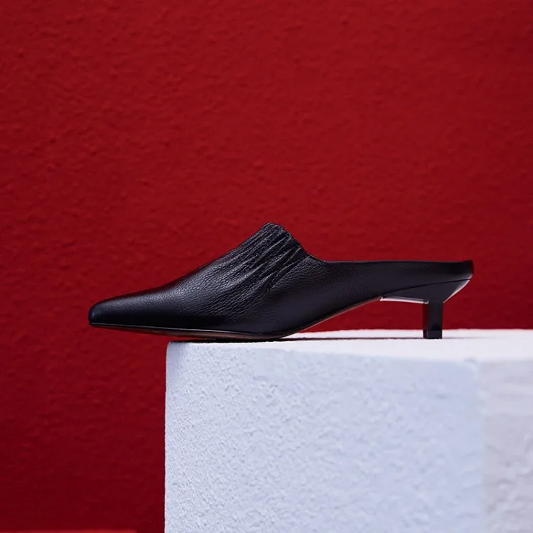 

MLJUESE 2019 women slippers Soft cow leather Rome style pointed toe black color slip on spike heels sandals party dress wedding