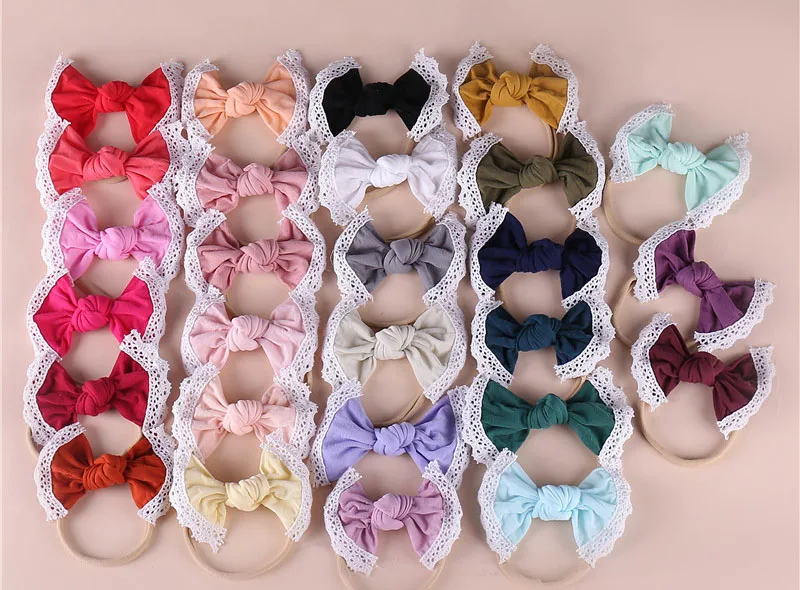 

Bulk 150pcslot Newborn Baby Nylon Bows Headbands Kids Lace Trim Hair Bow Headband Children Girl's Hair Accessories 27 color Pick