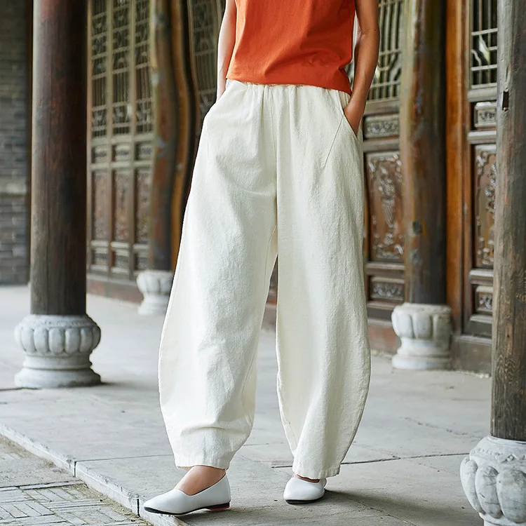 LZJN 2019 New Women Solid Color Pockets Loose Pants Vintage Elastic Waist Cotton Linen Wide Leg Full Length Pants (35)