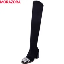 MORAZORA/Новое поступление; замшевые сапоги до бедра для женщин; сезон осень; эластичные ботфорты; модная женская обувь черного цвета