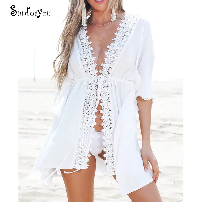 

Plus Size Women White Mini Dress Vestidos New Short Sleeve Loose Lace Beach dress Tunic for Beach Pareo Sexy Women Vintage Dress