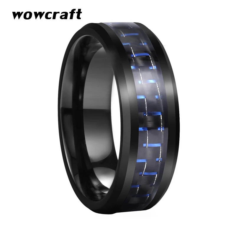 

Mens Womens Wedding Band Tungsten Ring Mirror Polished Finish with Blue Black Carbon Fiber Inlay Beveled Edges Engagement Rings