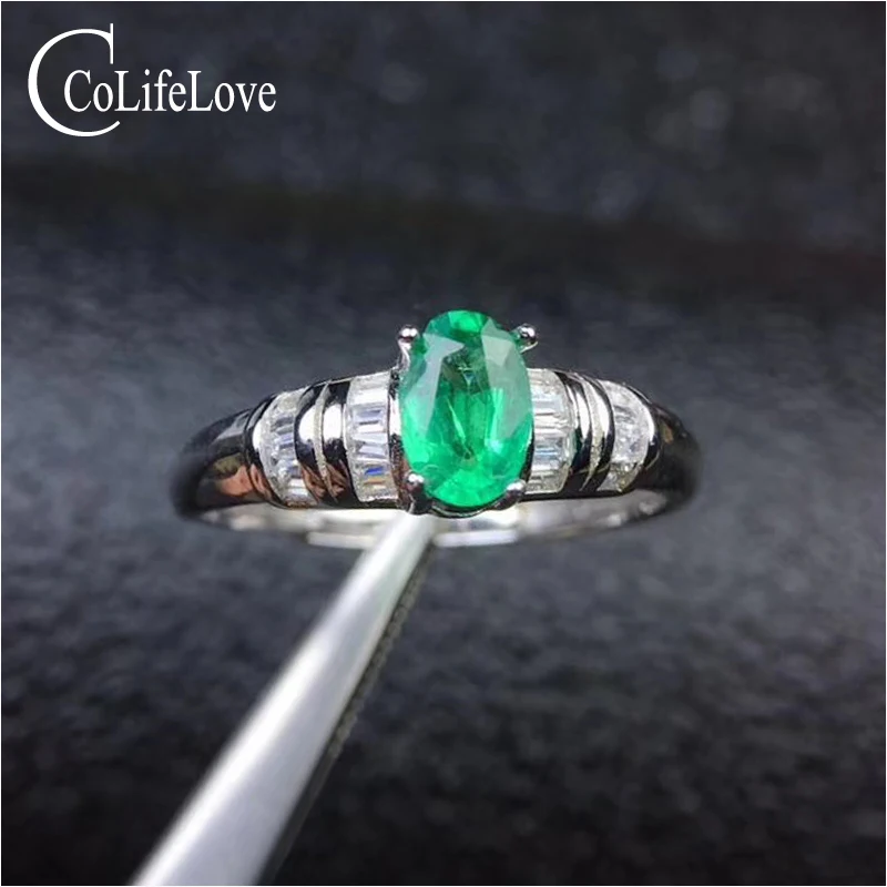 

Fashion silver emerald wedding ring for woman 4 mm * 6 mm natural emerald silver ring solid 925 silver fine emerald ring