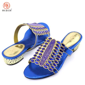 

Latest Royal Blue Design African Slippers Summer Low Heels High Quality African Sandals Heels Pump Fashion African Wedding Shoes