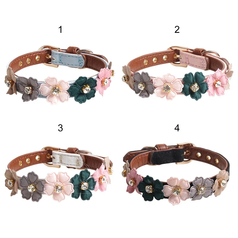 Dog Flower Collar Cute Shiny Diamonds Leather Dogs Necklaces Pet Adjustable Collars For Small Medium Dogs Chihuahua For puppy