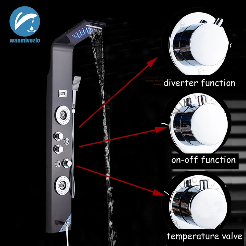 Бронзовый светодиодный светильник, душевая панель, Цифровой температурный дисплей, душевая колонка, кран, система массажных струй, водопад, дождевой Душ