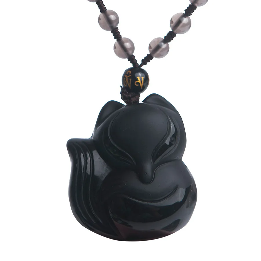 Women Men Necklaces Charms Fox Drop Natural Stone Pendant Black Obsidian Gemstone Natural Obsidian Pendant Bead 423716mm (1)