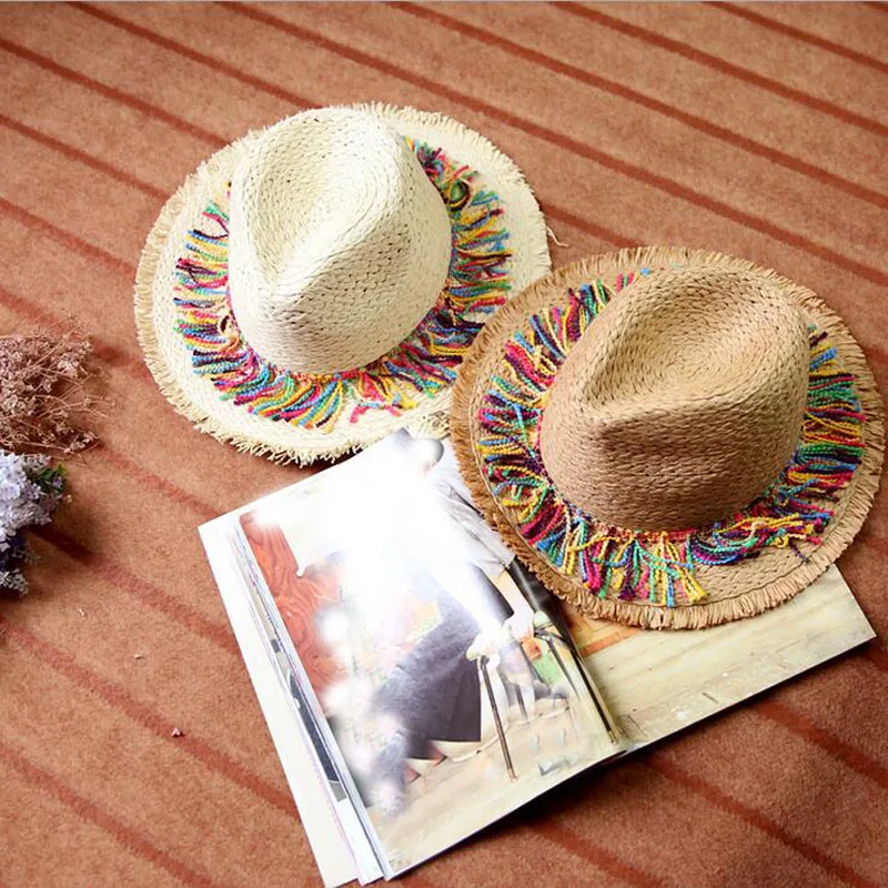 Панама Sombrero Raffia, солнцезащитные шляпы для женщин, шапка с бахромой, ручная работа, в полоску, с кисточками, с помпонами, Рафаэль, соломенная шляпа, пляжная шляпа для женщин