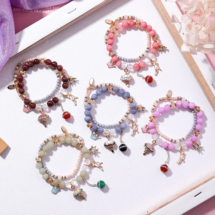 

2018 New Korean Lovely Cute Crown Umbrella Pendant Double Deck Beaded Bracelets & Bangles For women girls Gift