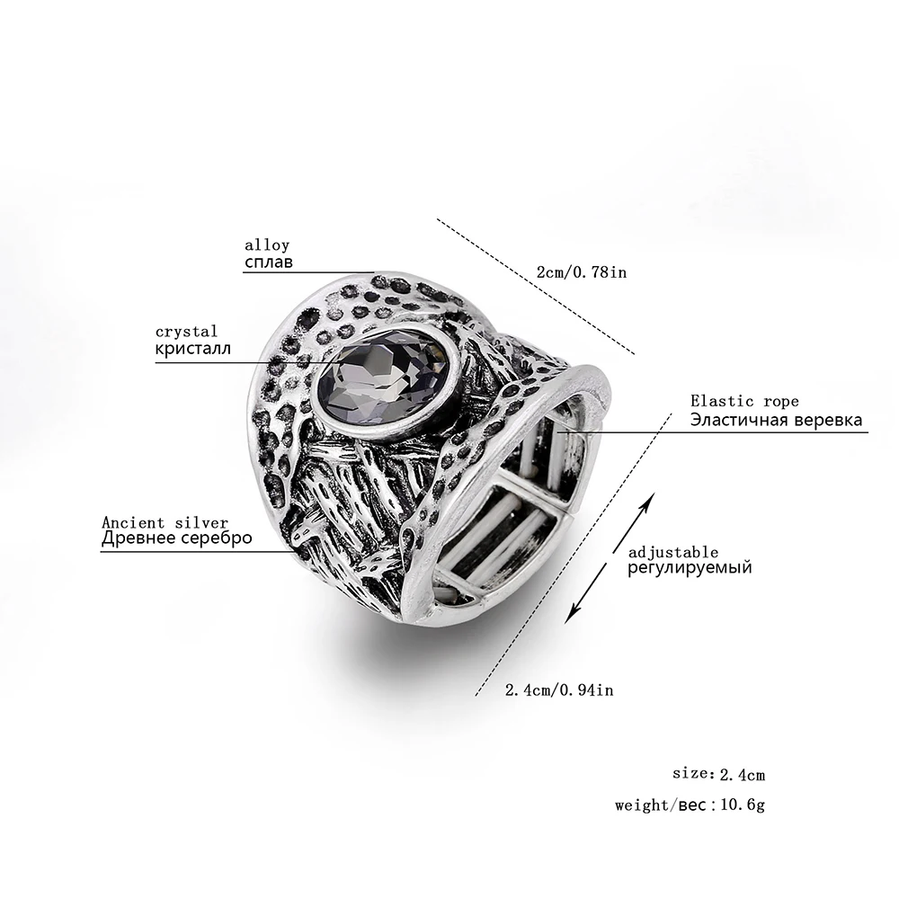 Винтажное Кристальное геометрическое резное женское кольцо ретро древнее серебро один размер эластичное регулируемое кольцо модное ювелирное изделие подарок на выпускной вечер