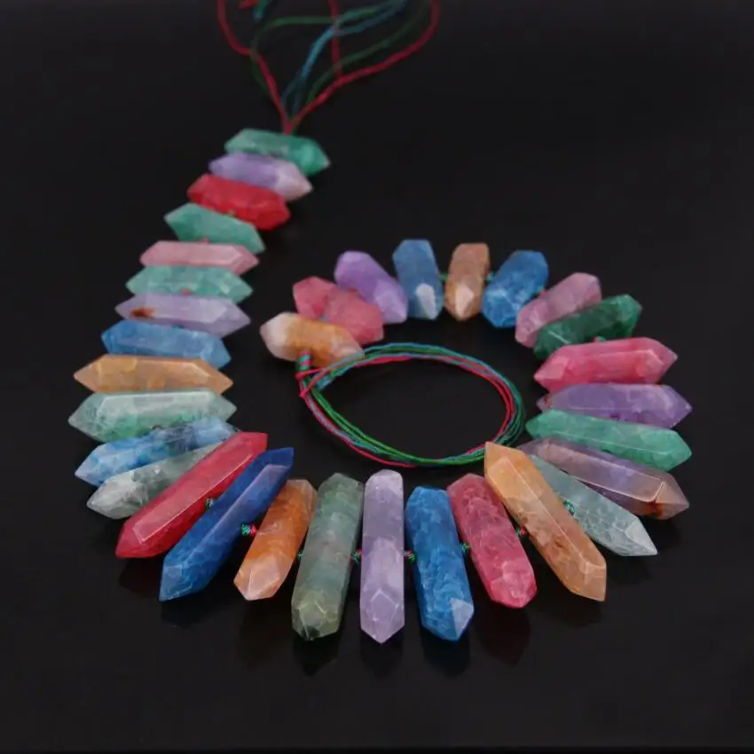 

15.5"strand Rainbow Crack Agates Double Point Loose Beads,Mixtz Natural Stone Faceted Nugget Slise Pendant Nacklace Jewelry Bulk
