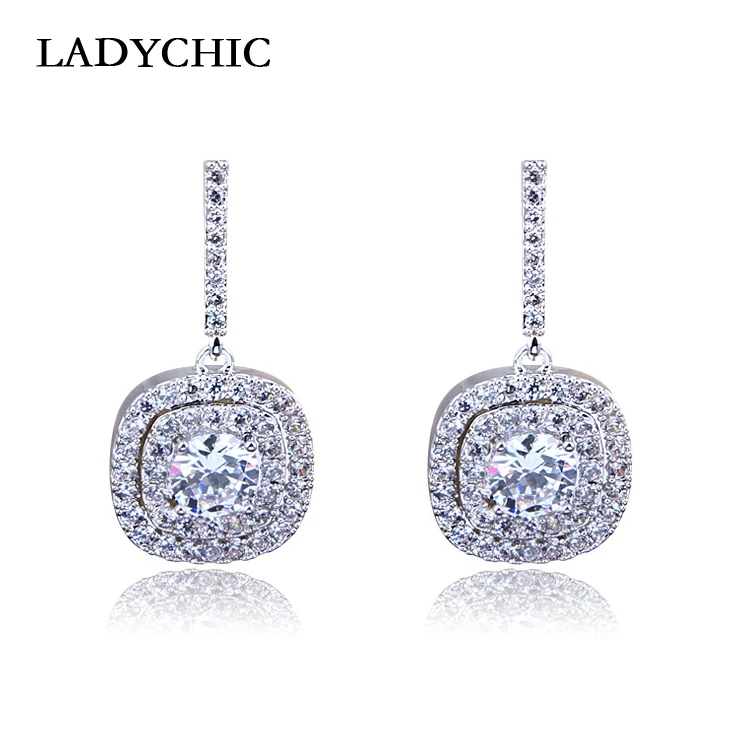 Женские двухслойные серьги подвески LADYCHIC из серебра 925 пробы с цирконом золотого