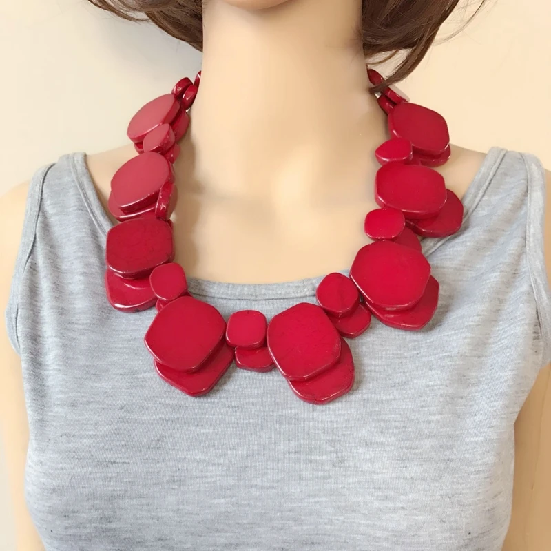 

Free Shipping Red Stone Double Strands Chunky Statement Necklace