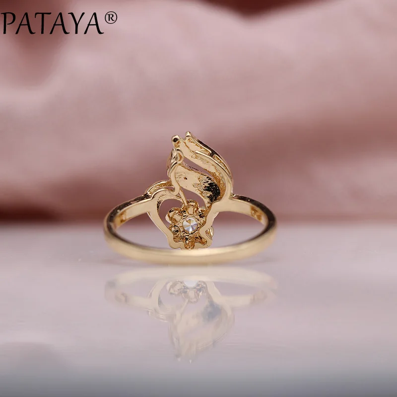 PATAYA New 585 Rose Gold White Rhinestones Round Natural Zirconia Rings Women Wedding Party Cute Girls Simple Fine Gift Jewelry