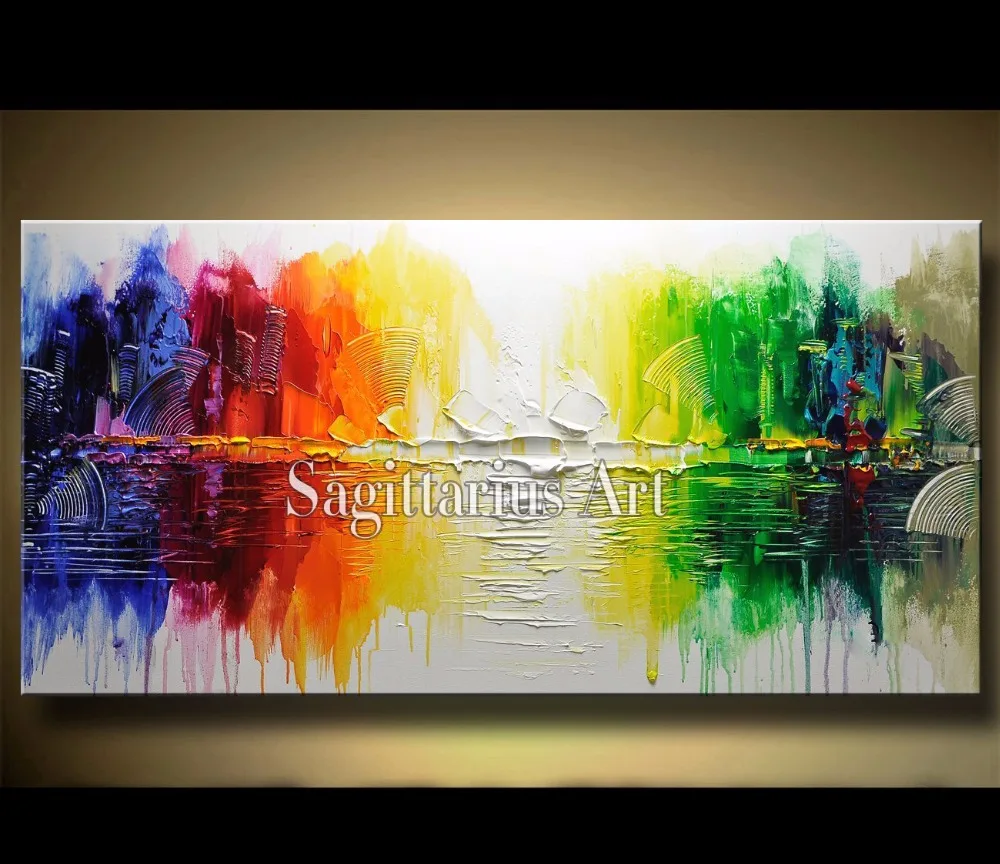 

Hand Painted Landscape Abstract Palette Thick Knife Blue red and yellow Oil Painting Canvas Decoration Home Wall Living Room Art