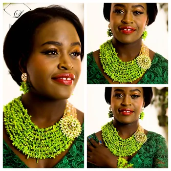 

Laanc Brand Coral Beads Necklace Jewelry Nigerian Wedding African Green Coral Beads Jewelry Set and Gold Crystal AL282