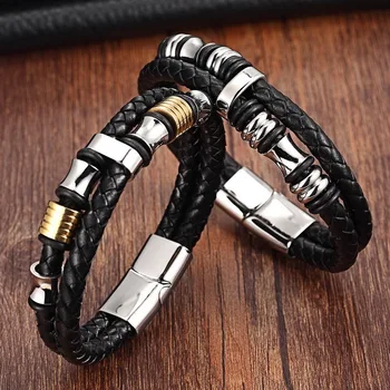 

XQNI Fashion Men Bracelets Leather Stainless Steel Wristband Bangles Men Bracelets & Bangles Casual Style