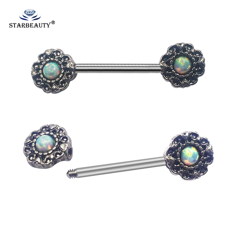 

Starbeauty Opal Bar Rings Nipple Piercing 316L Surgical Steel Silver Color Nipple Barbell Piercing Nombril Bar Body Jewelry