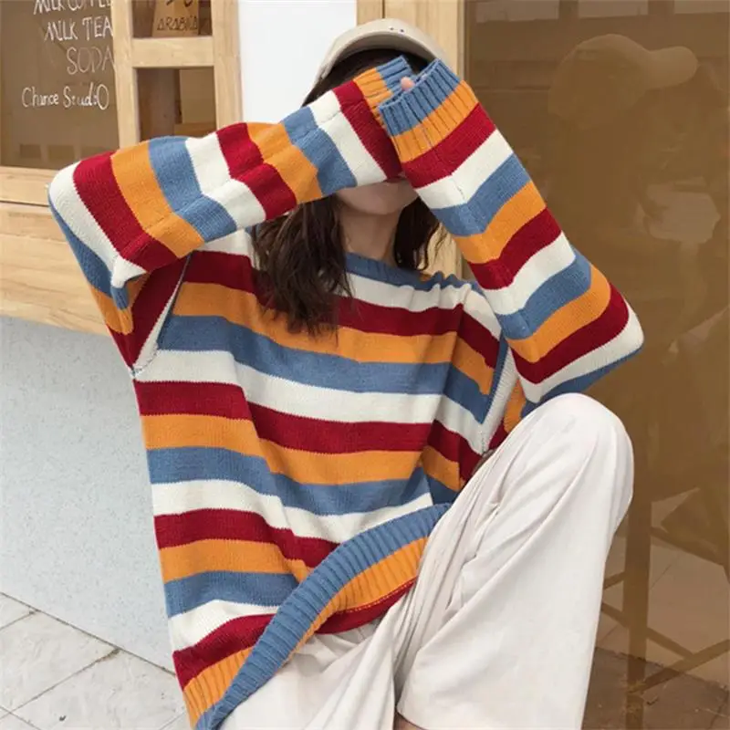 

women's clothing 2019 new arrival women spring autumn o-neck loose color stripe sweaters coats ladies casual pullovers sweater