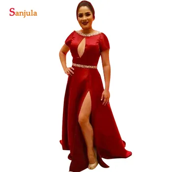 

Wine Red Satin Mother Of The Groom Dresses A-line Beaded Neckline Short Sleeve Women Party Dress For Wedding Side Slit Wear MY04