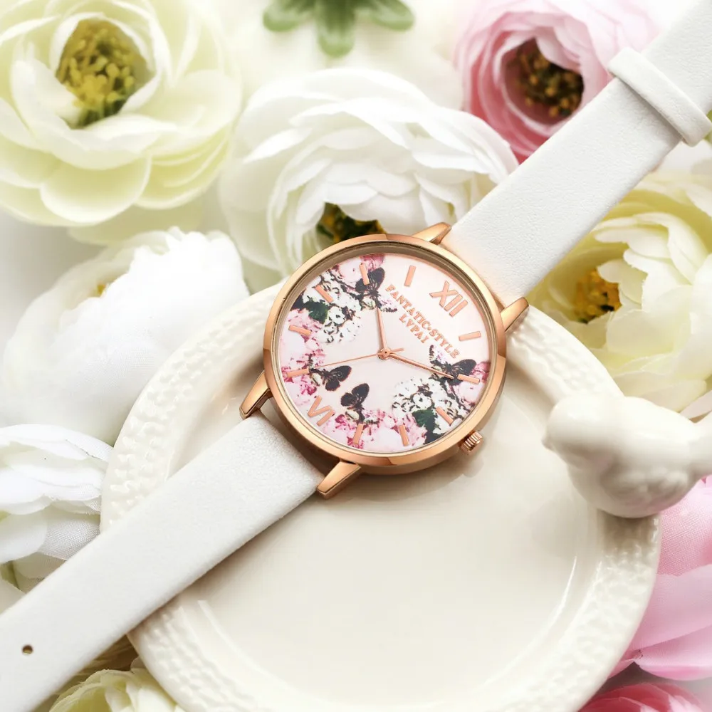 Lvpai роскошный кожаный женское платье часы наручные часы Мода цветок бабочка дамы браслет женские круглые часы кварцевые часы