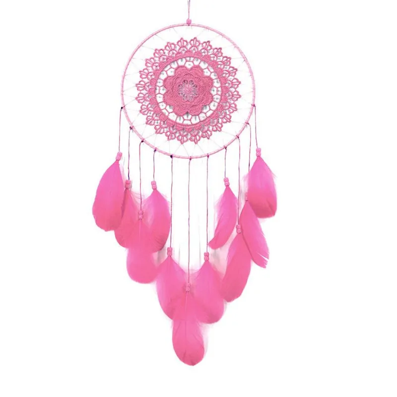 

Cricle Feather Flower Dream Catcher Beads Hanging Window Car Ornament Hanging Decoration Wind Chime Dream Catchers Pink #B20