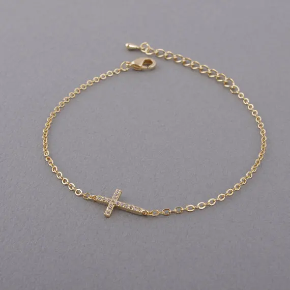 Rhinestone Sideway Cross Bracelet in Gold.jpg