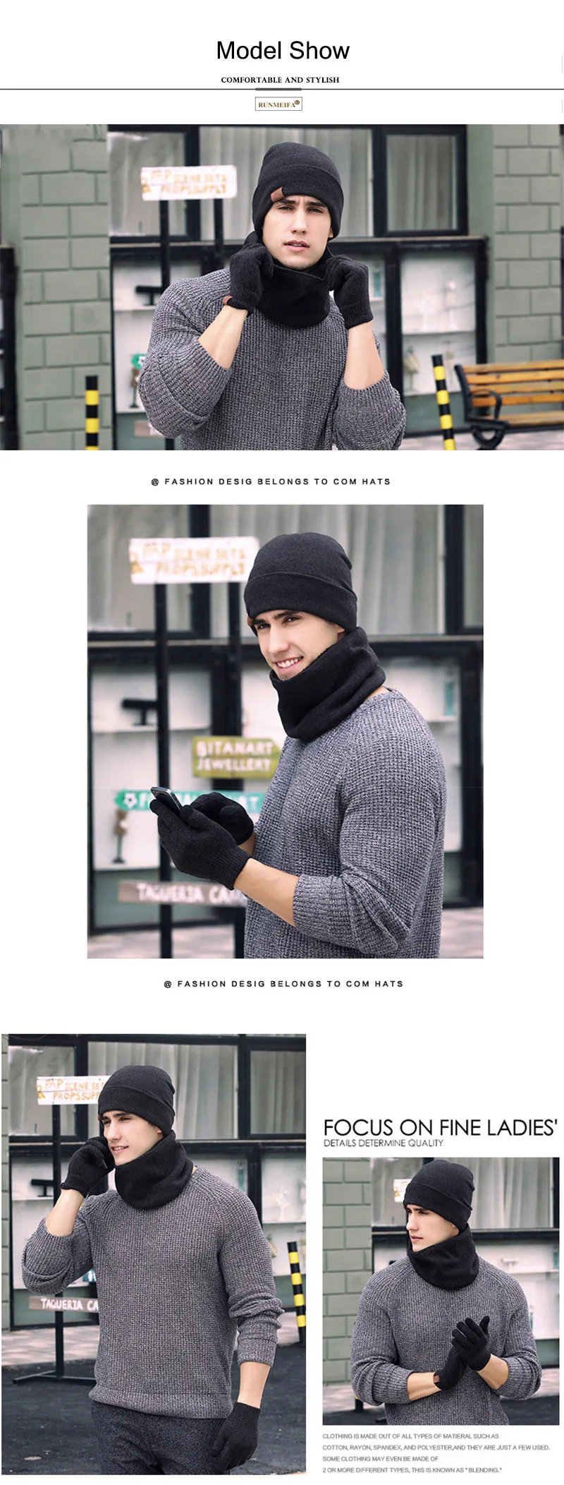 RUNMEIFA/ модный шарф, шапка и наборы с перчатками для мужчин, однотонные теплые комплекты для студентов, акриловые теплые зимние комплекты из трех предметов