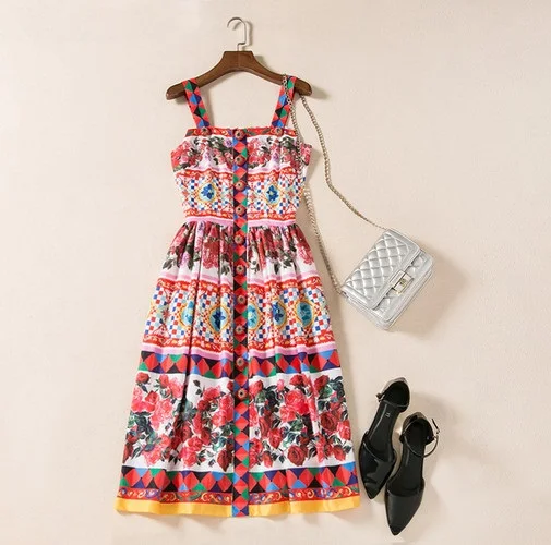 

New 2018 brand fashion women girls floral rose patterns print summer dress sexy spaghetti strap diamonds buttons casual dresses