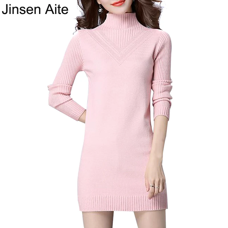 

Jinsen Aite Autumn Winter Knitting Thick Dress Women's Loose Casual Dress Slim Soft Solid Full Sleeve Sweaters Vestidos JS415