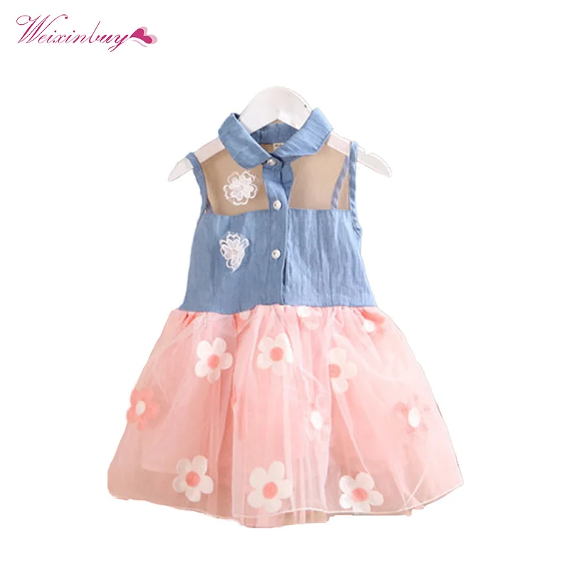 

WEIXINBUY Kids Girls Dress 2-7Y Princess Cute Kids Girl's Denim Sleeveless Ball Grown Floral Tutu Dress Mini Vestidos