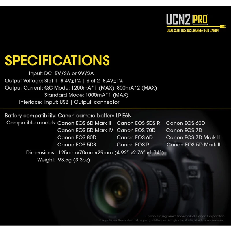 Официальный Nitecore UCN2 Pro Двойной слот USB QC камера батарея LP-E6 LP E6 LPE6 зарядное устройство для CANON DSLR EOS 60D 5D3 7D 6D 5D Mark II