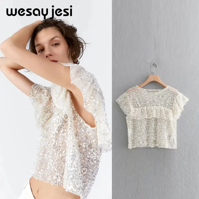 2019 blusas mujer de moda Англия стиль короткий рукав блестками Твердые О образным вырезом уличная кимоно блузки женские топы и блузки для малышек