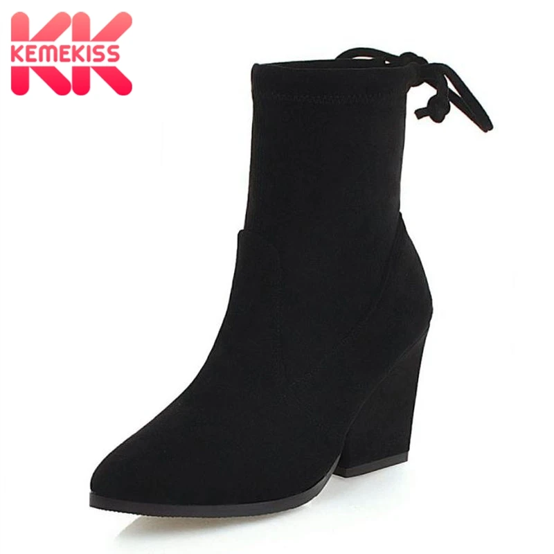 

KemeKiss Women Ankle Boots Winter Fur Warm Shoes Woman Lace Up Thick Heels Short Boots Fashion Women Footwear Size 34-43