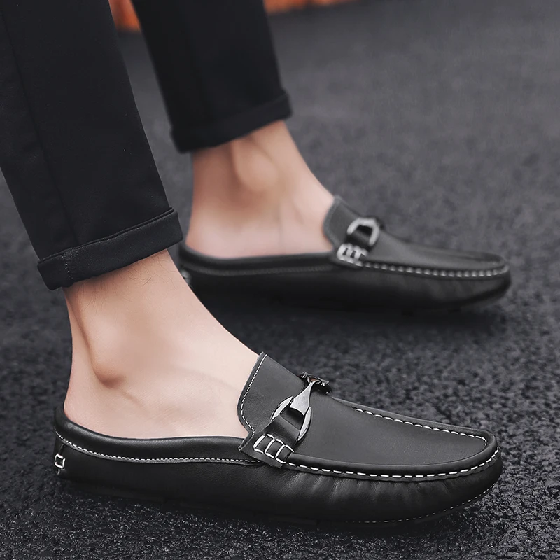 New Summer Men Flats Mules Slip on Genuine Leather Slides Shoes Man Soft Leather Casual Slipper