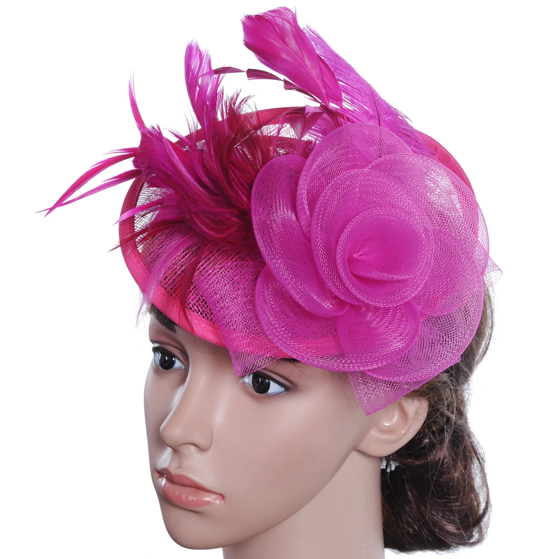 Banquet Party Fedoras Hat Women Ladies Day Royal Ascot Sinamay Fascinator Cap European American Bride Headdress Girls Hats H7108 - Color: RoseRed