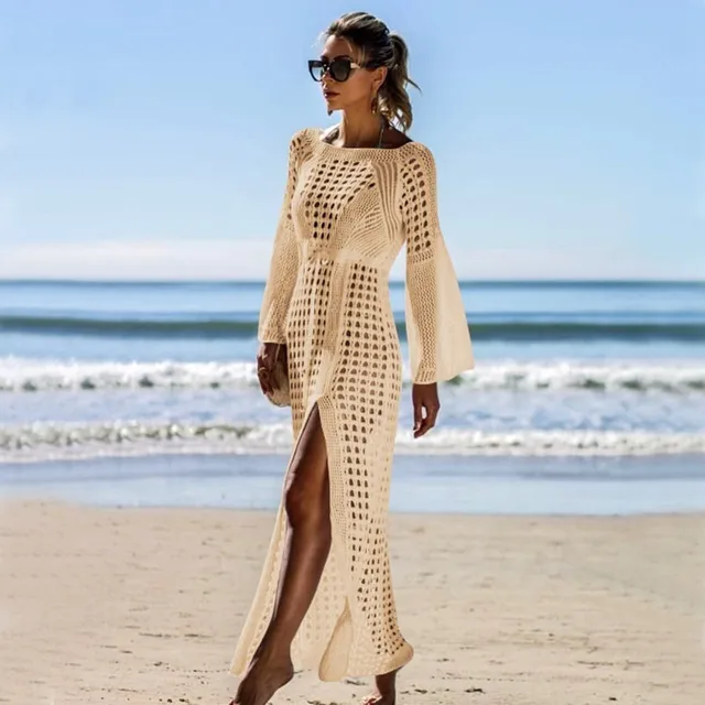 Sexy Hollow Knitted Beach Dress Long Sleeve Cover Up Open Cross Holiday Skirt Women 2019 Tunics Long Swimwear Saida de Praia