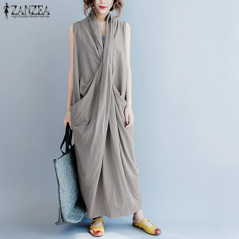 ZANZEA, женское платье макси, повседневное, без рукавов, глубокий v-образный вырез, асимметричный подол, длинное платье, больше размера d, летнее пляжное платье, сарафан размера плюс