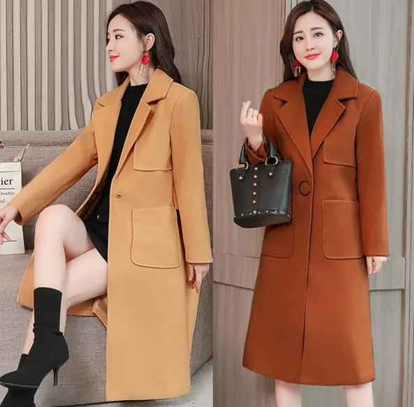 Long Femmes Laine Mélange Caramel down Cachemire camel Dames Poches Slim Seul Colour Col Bouton Office Lady Turn Manteaux Veste Manteau 7Ybgyf6