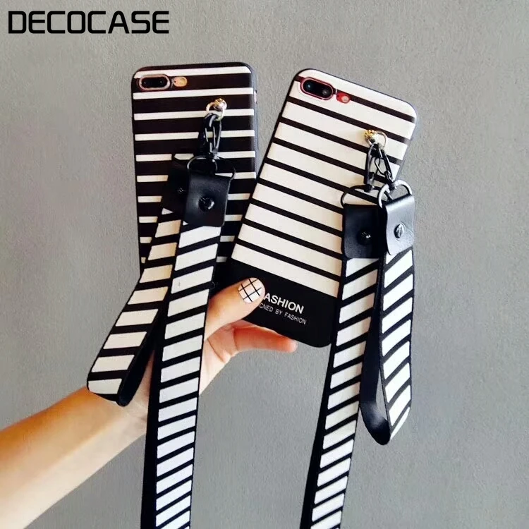 

DECOCASE Black White Stripped Cool Women Men Soft TPU Mobile Phone Case with Lanyard Neck Strap for iPhone 6 6s 7 8 Plus XS Case