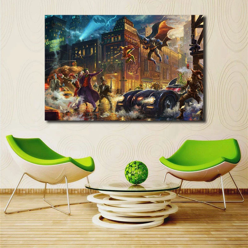 

The Dark Knight Saves Gotham City Batman Wonder Woman Superman Thomas Kinkade Art Canvas Poster Oil Painting Wall Picture Print
