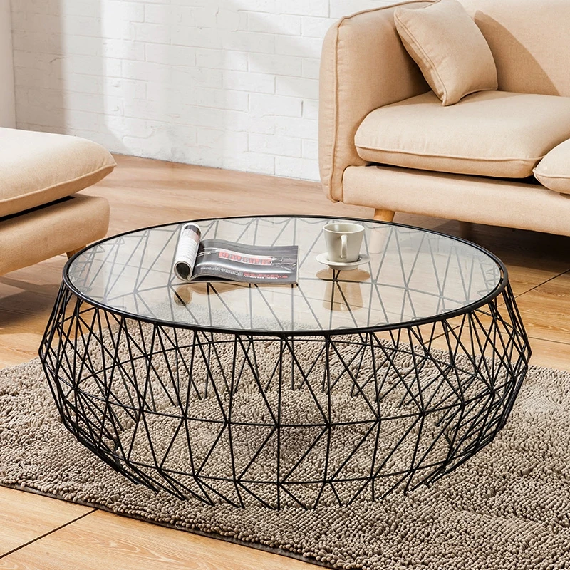 North European Living Room Creative Tea Table Modern Simple Tempered Glass Tea Table Round Metal Black Furnishing Decoration