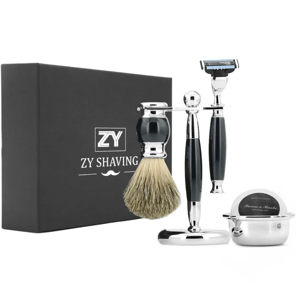 ZY Men Shaving Set Kit Safety Blade Razor + Pure Badger Beard Brush