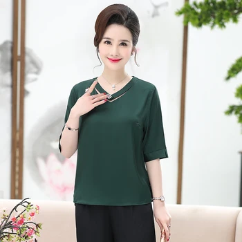 

New 2019 Summer Women Silk Blouse Tops Elegant Lady Half Sleeve Soft Silk Blouse Shirt Free Shipping