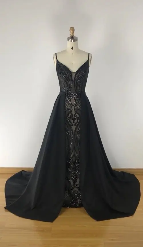 Длинное вечернее платье Новое поступление Русалка v-образный вырез великолепный кружевной длинный шлейф Черный Формальное арабское вечернее платье